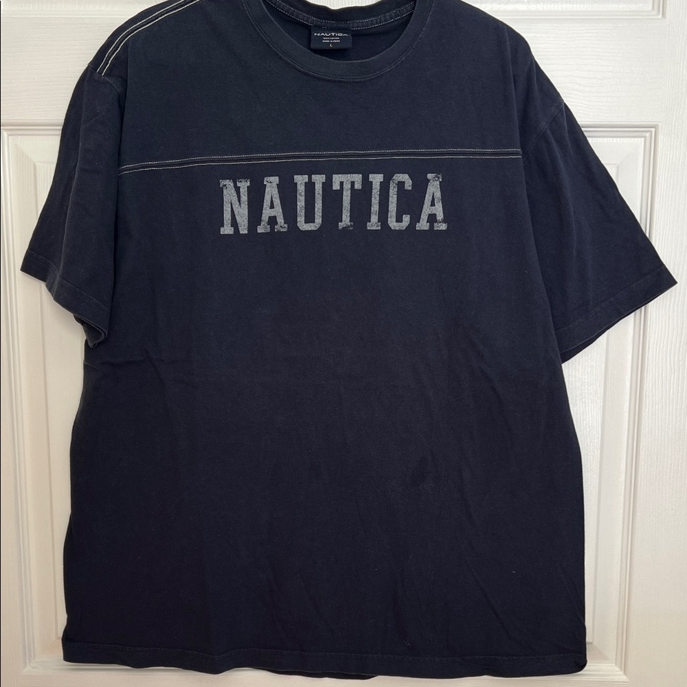 Nautica Men's Navy Blue Tee with Logo size L